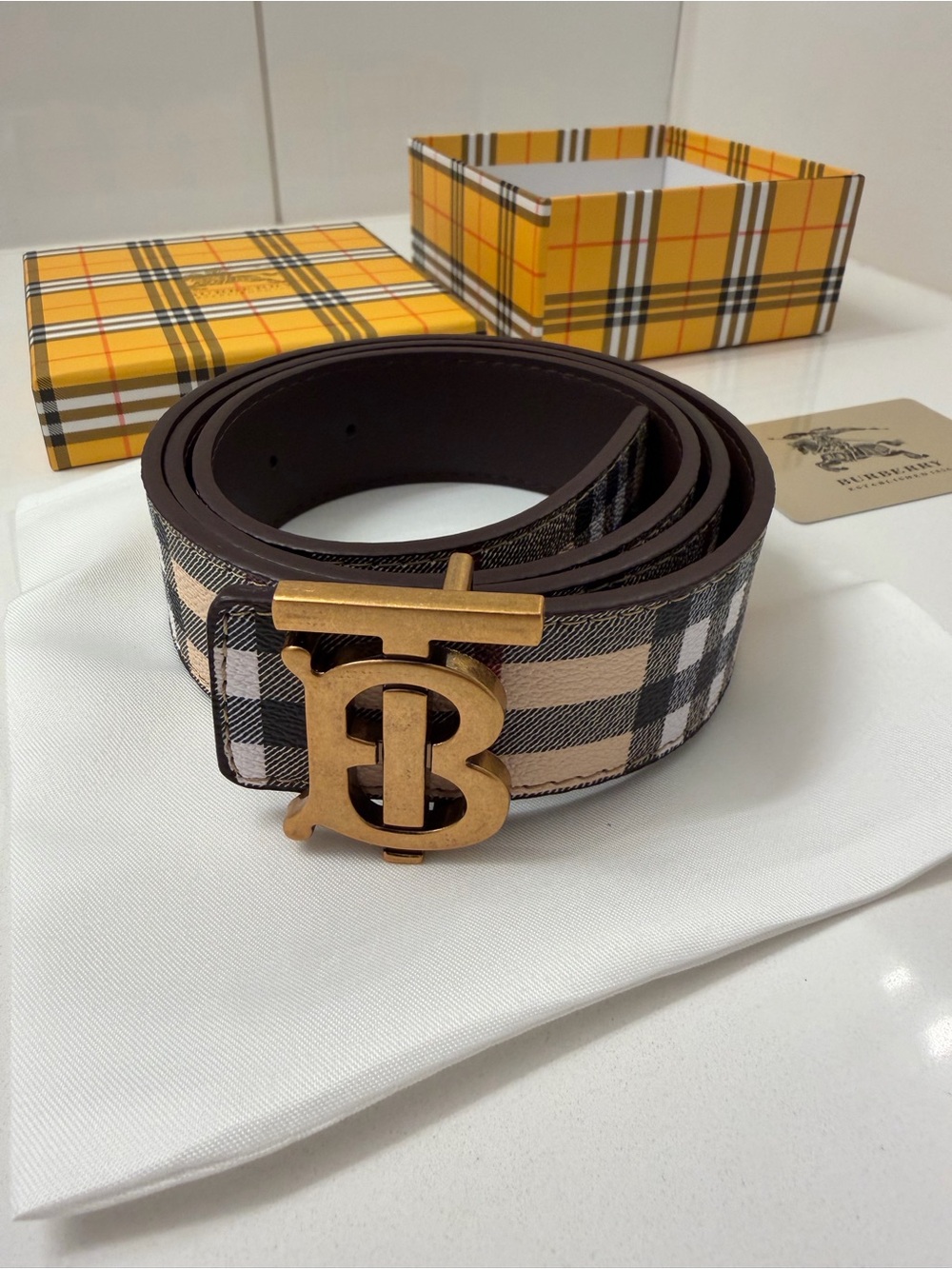 Burberry Beige and Black TB Monogram Check Belt